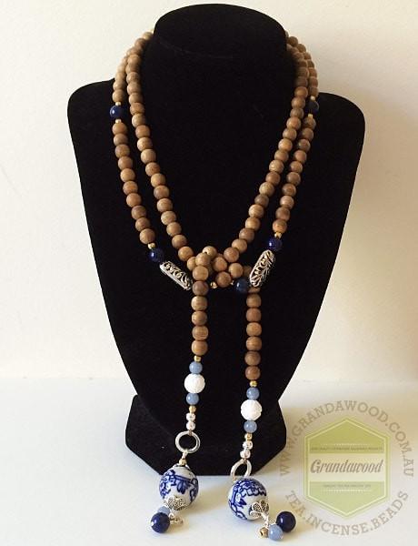 SOLD-Necklace- Blue Porcelain Lariat Agarwood gemstone -