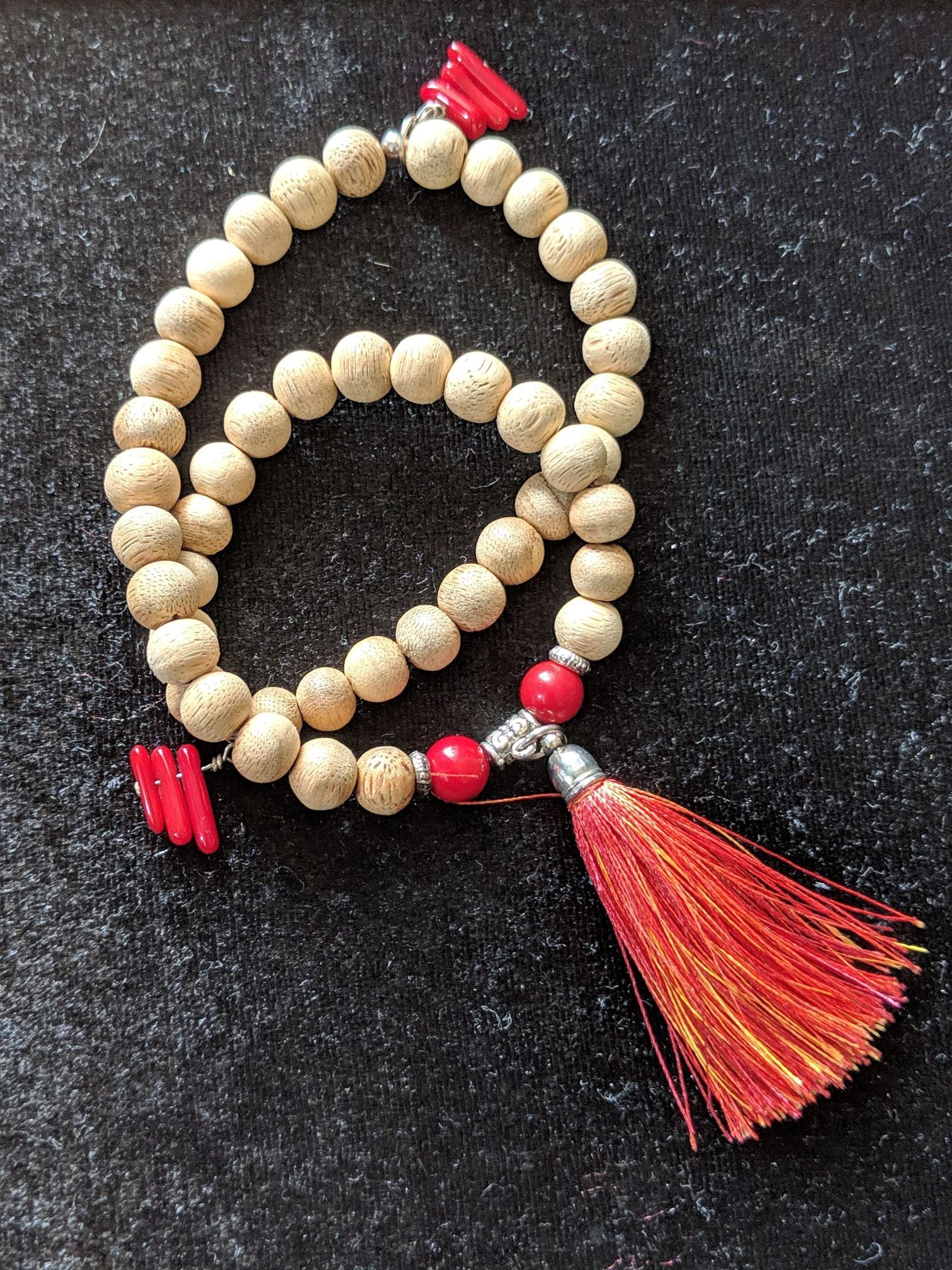 *New* The Fire Cracker, cultivated agarwood 45 beads 8mm with red coral -